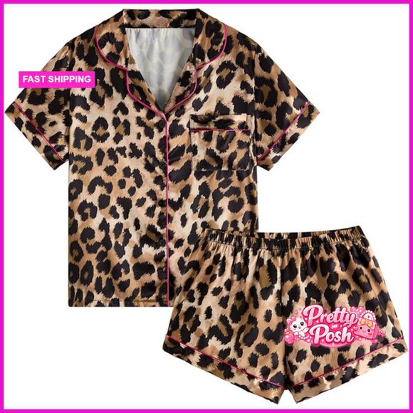 Satin Pajama Set Leopard Button Front Short Sleeve Shirt Shorts